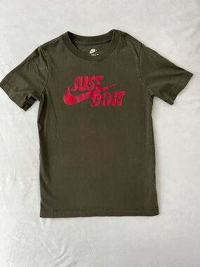Nike Kids Short Sleeve Tee in Olive with Red "Just Do It" Logo